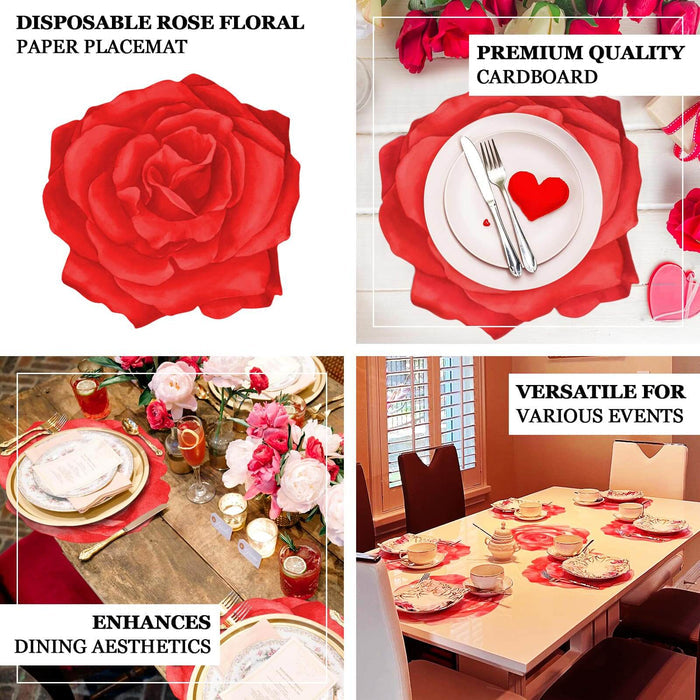 Red rose floral paper placemat for dining aesthetics and versatile events.