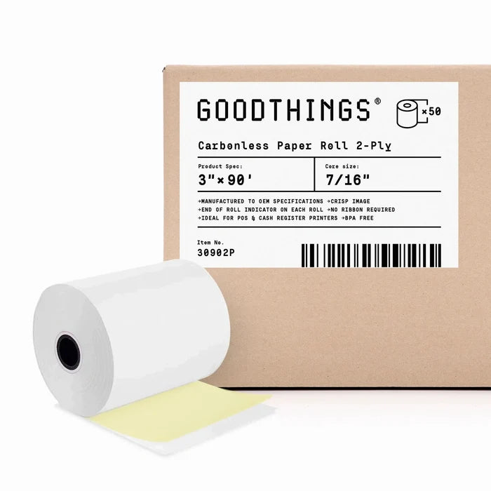 3" X 90' (50 Rolls) 2-ply White / Canary Carbonless Paper Roll (Ribbon Required)