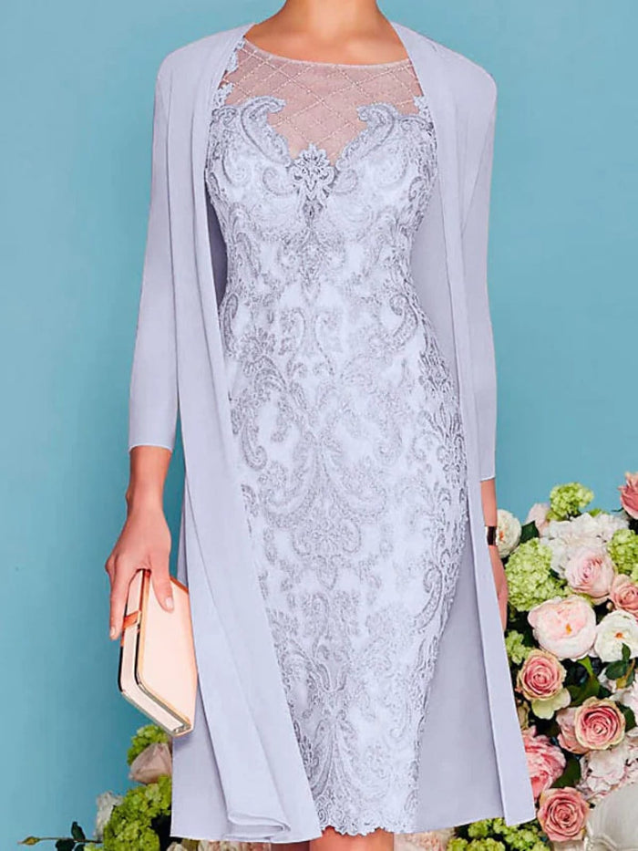 3/4 Sleeve Bateau Chiffon Lace Two Piece Sheath Mother of