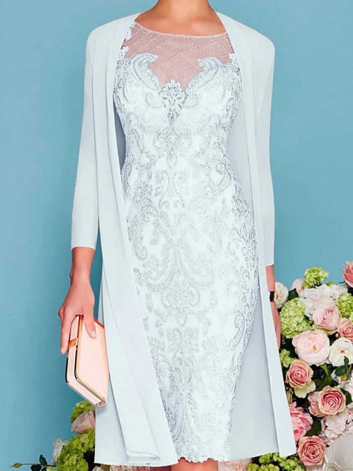 3/4 Sleeve Bateau Chiffon Lace Two Piece Sheath Mother of