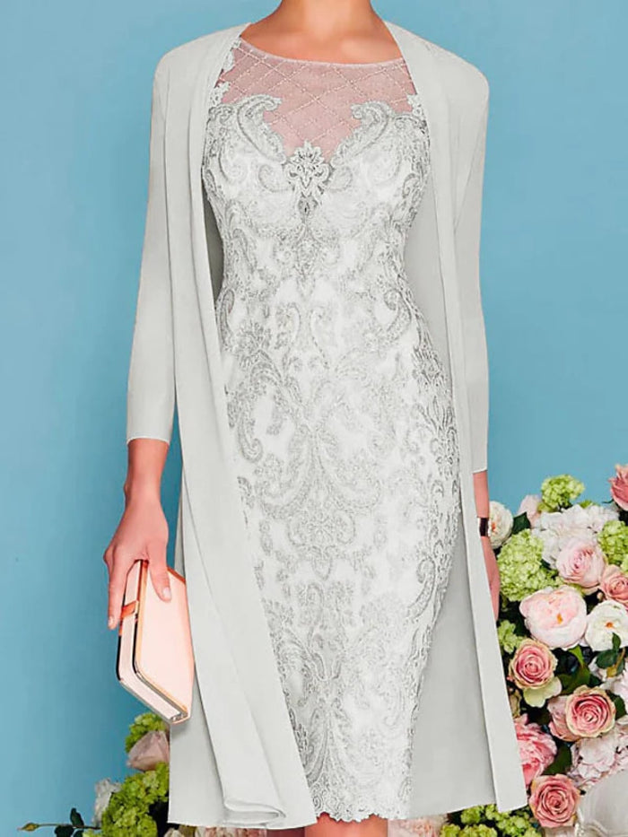 3/4 Sleeve Bateau Chiffon Lace Two Piece Sheath Mother of