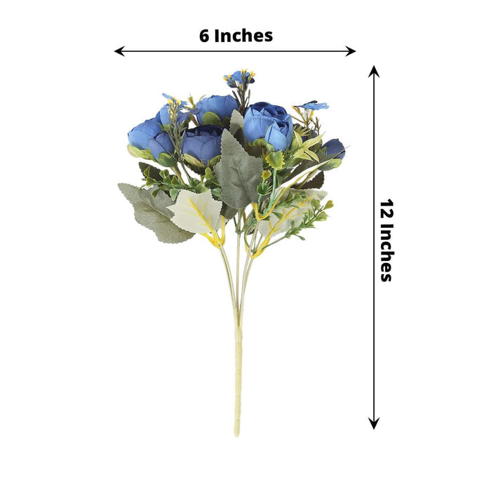Blue artificial flower bouquet, 6 inches wide and 12 inches tall.