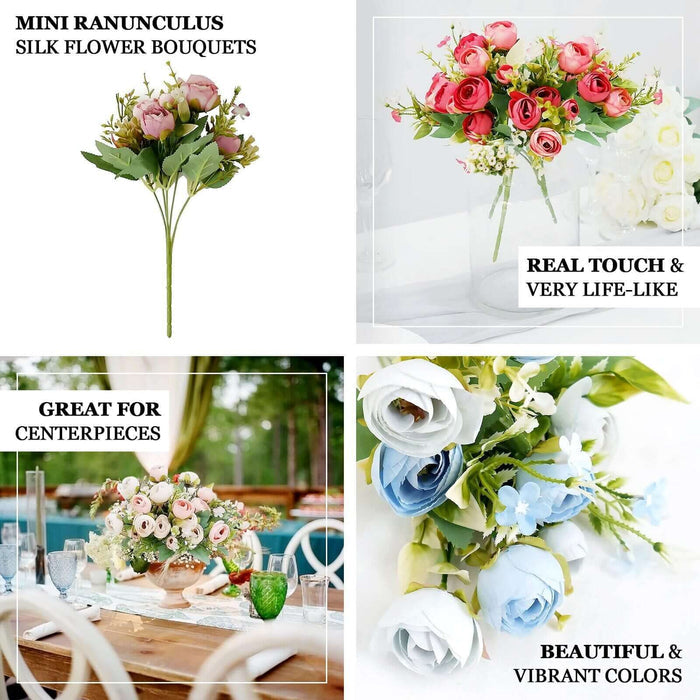 Mini ranunculus silk flower bouquets in vibrant colors, perfect for centerpieces.