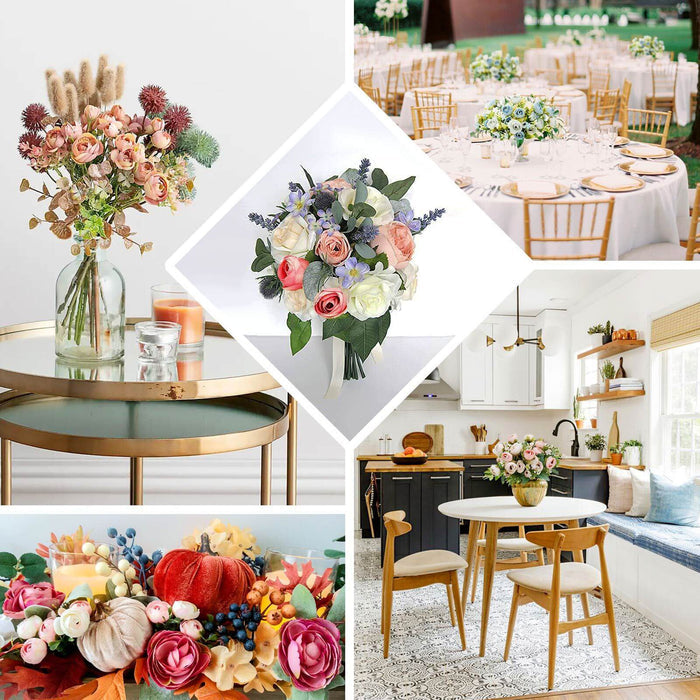 Assorted floral arrangements in various settings for home and events.