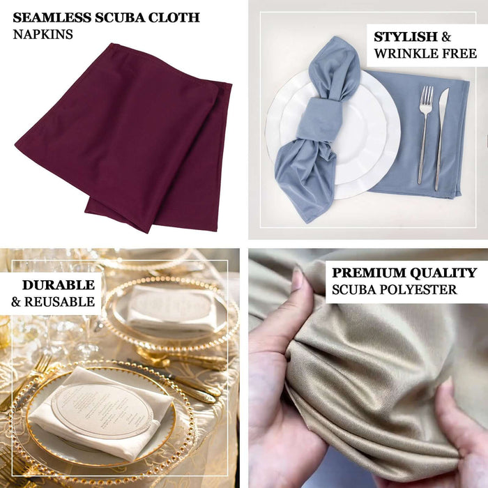 Seamless scuba cloth napkins in various colors, durable and wrinkle-free.
