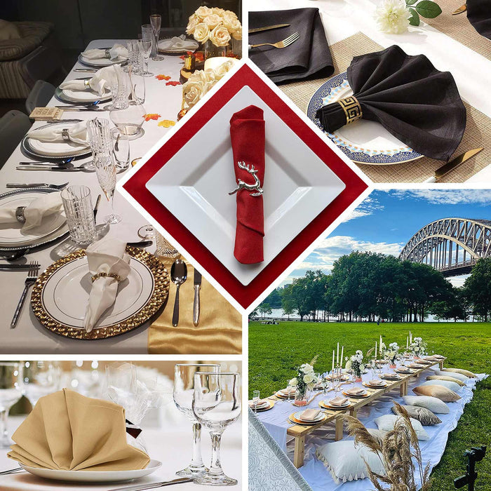 Elegant dining table settings with various napkin styles and decorations.