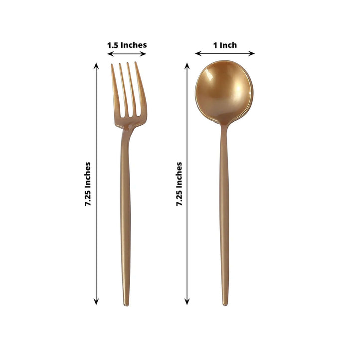 Gold fork and spoon set, 7.25 inches long, 1.5 inches wide.