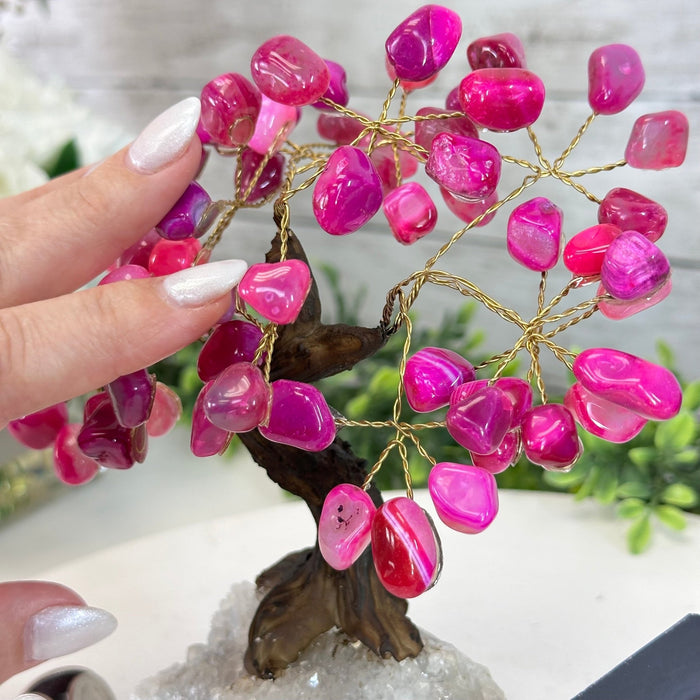 Pink Agate 7" Tall Handmade Gemstone Tree on a Crystal base, 60 Gems #5402PNKA - Brazil GemsBrazil GemsPink Agate 7" Tall Handmade Gemstone Tree on a Crystal base, 60 Gems #5402PNKAGemstone Trees5402PNKA