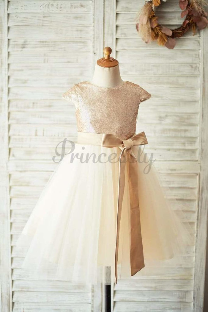 $15 SALE: Champagne Sequin Tulle Flower Girl Dress with Cap