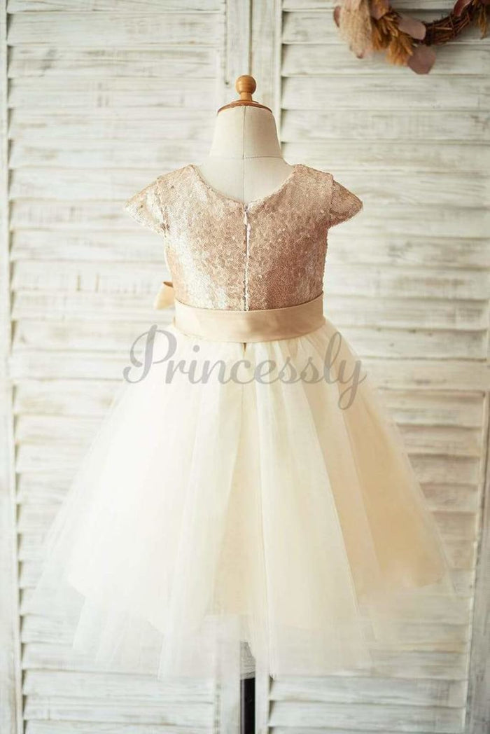 $15 SALE: Champagne Sequin Tulle Flower Girl Dress with Cap