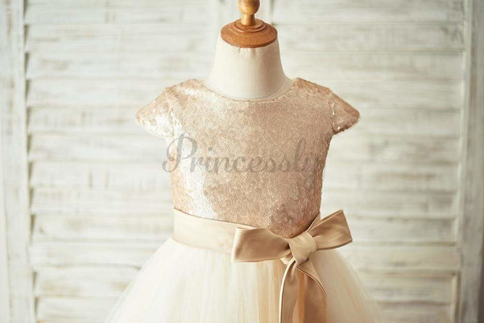 $15 SALE: Champagne Sequin Tulle Flower Girl Dress with Cap