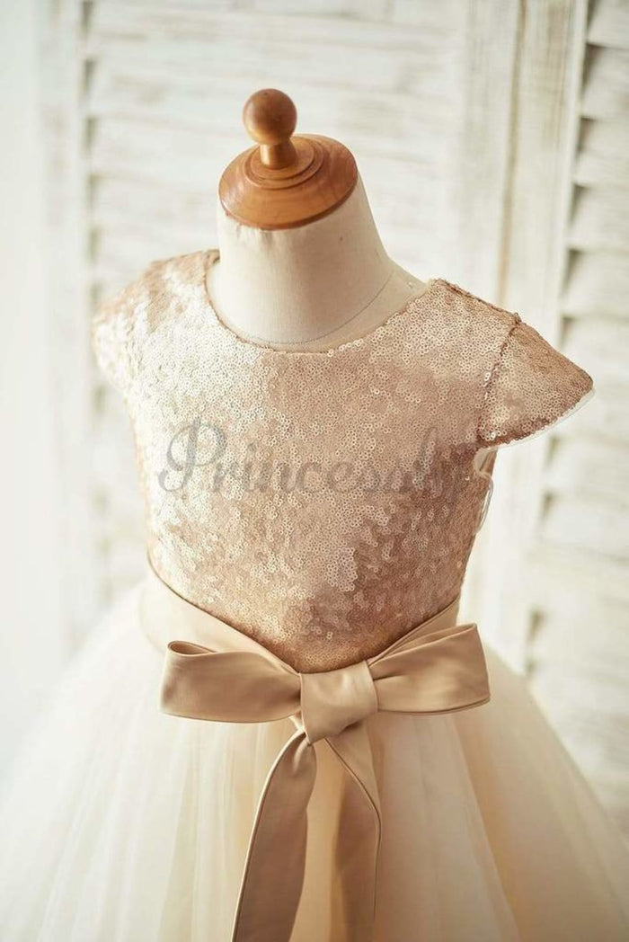 $15 SALE: Champagne Sequin Tulle Flower Girl Dress with Cap