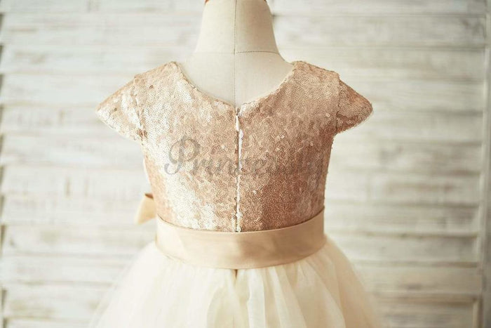 $15 SALE: Champagne Sequin Tulle Flower Girl Dress with Cap