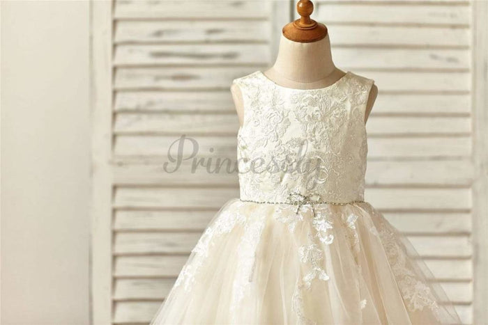 $15 SALE: Champagne Satin Tulle Flower Girl Dress with