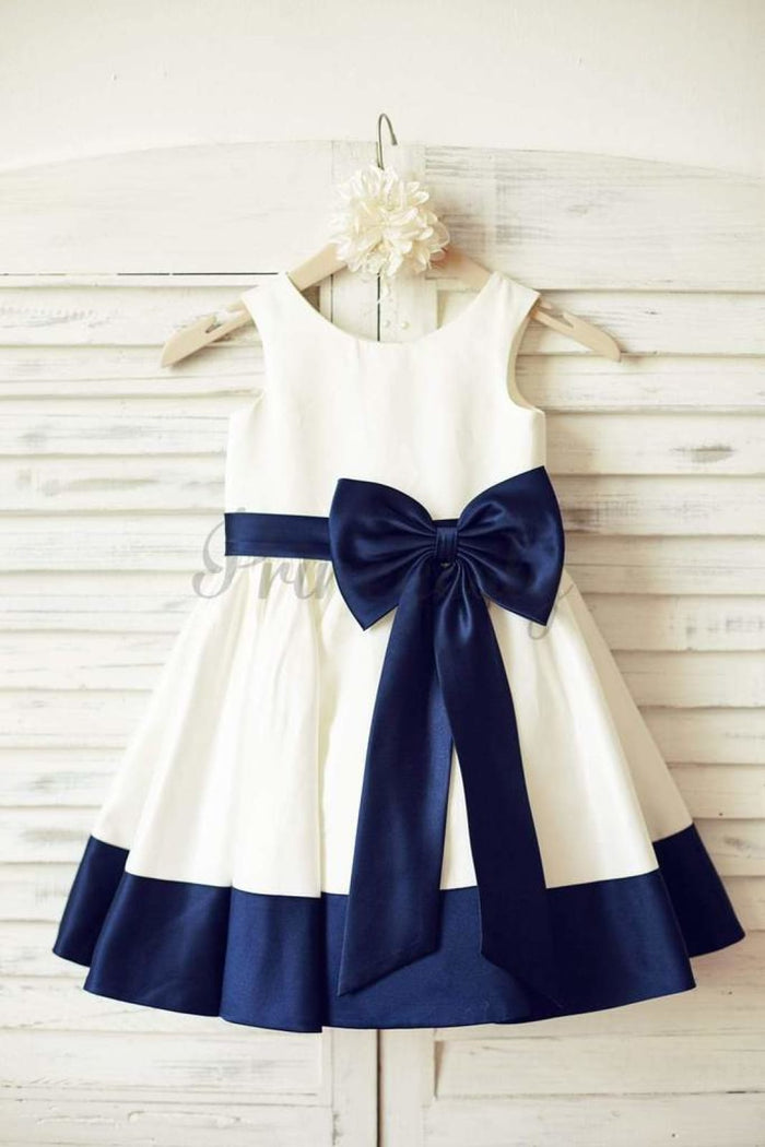 $15 SALE: Ivory Satin Flower Girl Dress with Navy Blue Belt