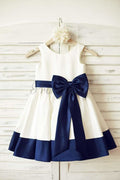 $15 SALE: Ivory Satin Flower Girl Dress with Navy Blue Belt