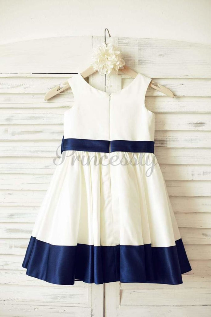$15 SALE: Ivory Satin Flower Girl Dress with Navy Blue Belt