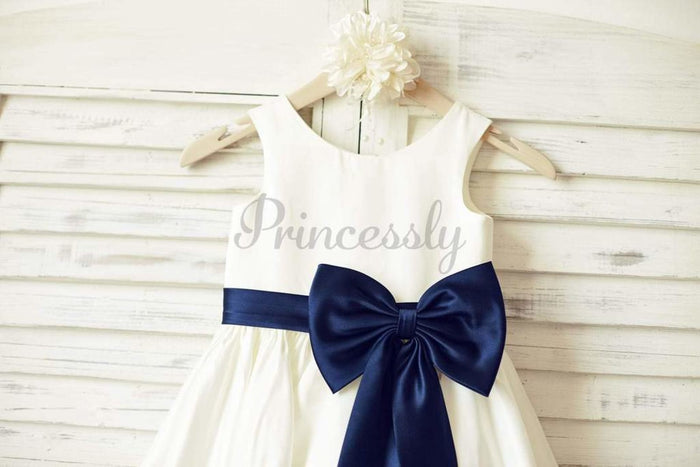 $15 SALE: Ivory Satin Flower Girl Dress with Navy Blue Belt