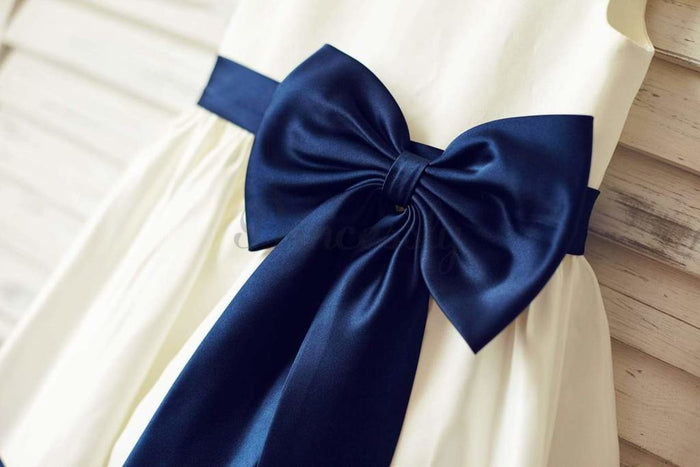 $15 SALE: Ivory Satin Flower Girl Dress with Navy Blue Belt