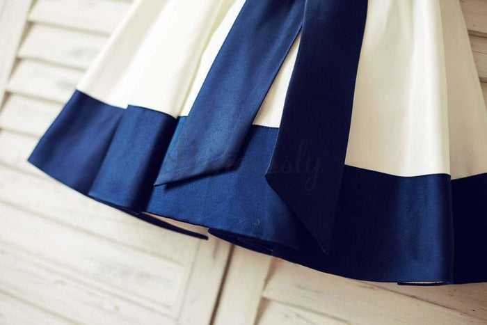 $15 SALE: Ivory Satin Flower Girl Dress with Navy Blue Belt
