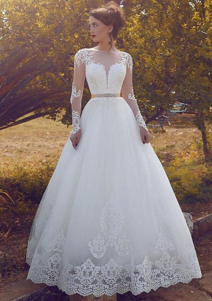 A-line Bateau Sheer Long Sleeve Tulle Wedding Dress