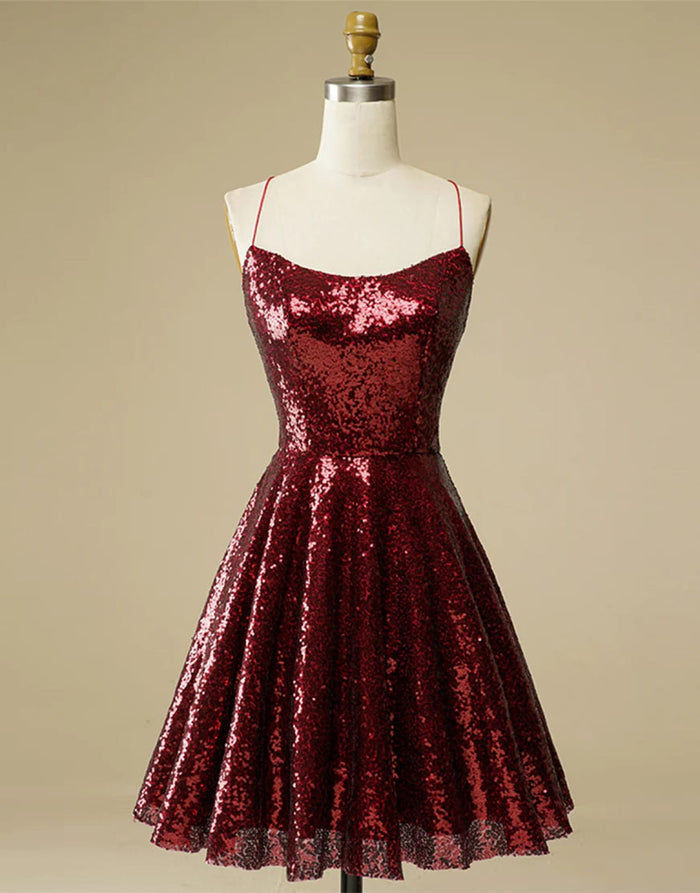 A-Line Burgundy Sequin Straps Backless Homecoming Wedding