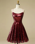 A-Line Burgundy Sequin Straps Backless Homecoming Wedding