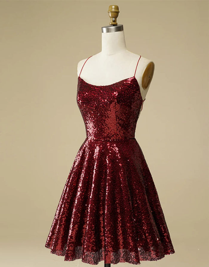 A-Line Burgundy Sequin Straps Backless Homecoming Wedding