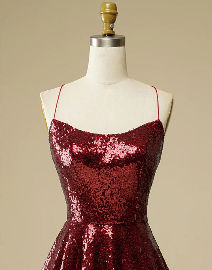 A-Line Burgundy Sequin Straps Backless Homecoming Wedding