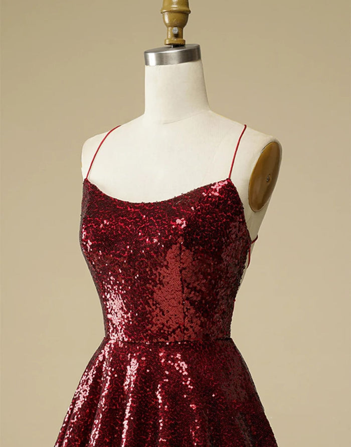 A-Line Burgundy Sequin Straps Backless Homecoming Wedding