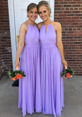 A-line Halter Neck Cutout Sleeveless Long Pleated Lilac