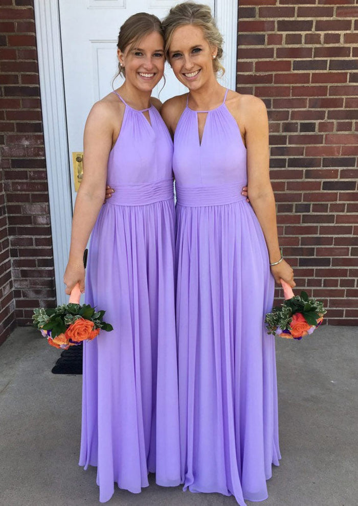 A-line Halter Neck Cutout Sleeveless Long Pleated Lilac