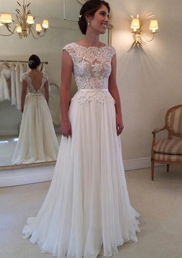 A-line Appliqued Chiffon Scalloped Bateau Cap Sleeve V Back
