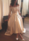 A-line Off Shoulder Half Sleeve Hi Low Lace Satin Wedding