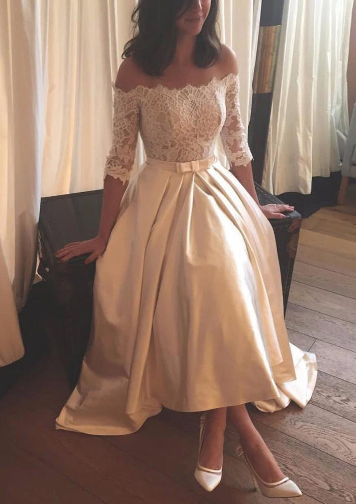 A-line Off Shoulder Half Sleeve Hi Low Lace Satin Wedding