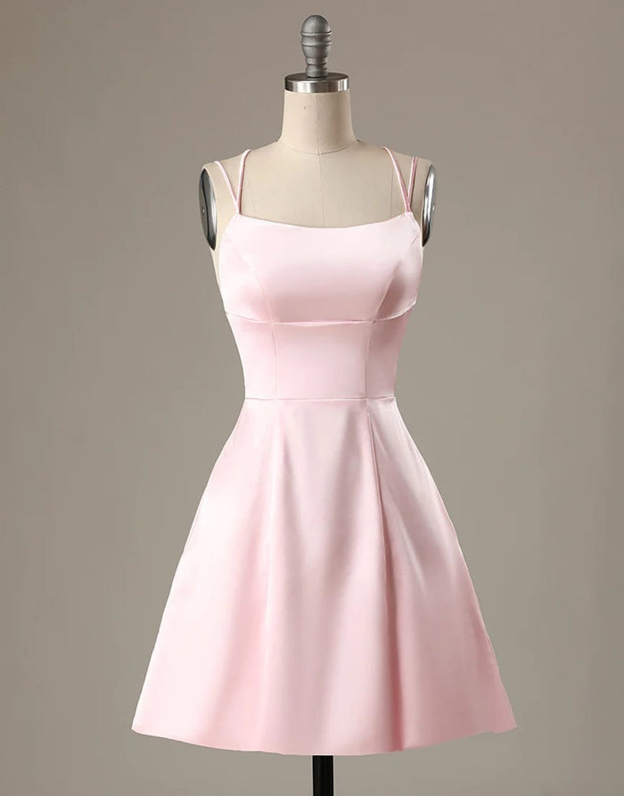 A-Line Pink Satin Double Straps Backless Short Homecoming