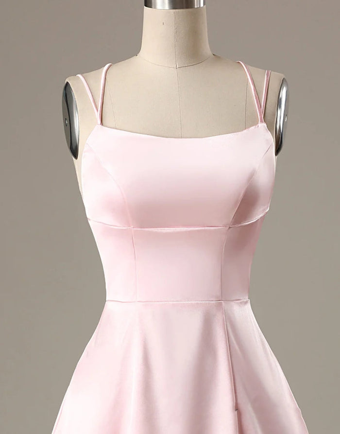 A-Line Pink Satin Double Straps Backless Short Homecoming
