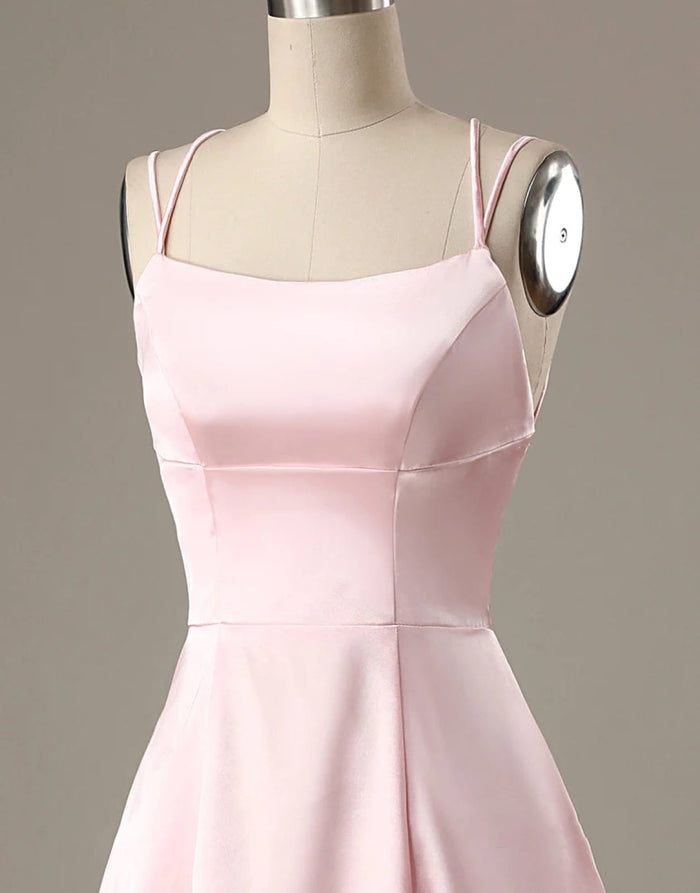 A-Line Pink Satin Double Straps Backless Short Homecoming