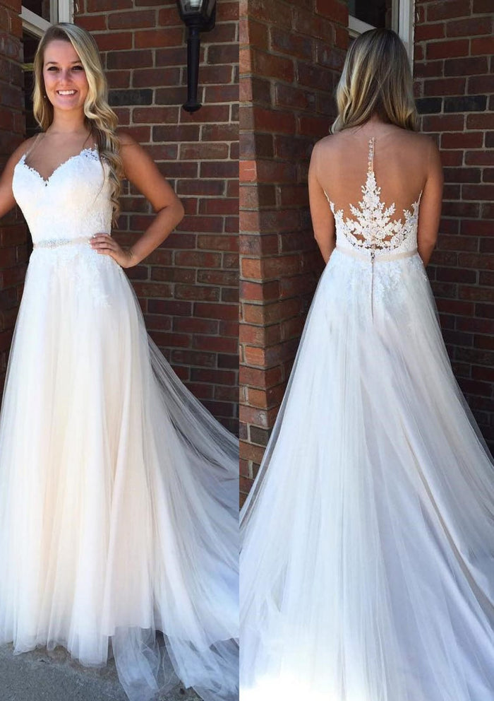 A-line Pleats Tulle Sleeveless Illusion Court Bridal Dress