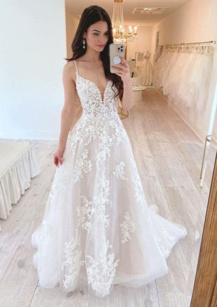A-line Plunging Sleeveless Court Train Lace Tulle Wedding