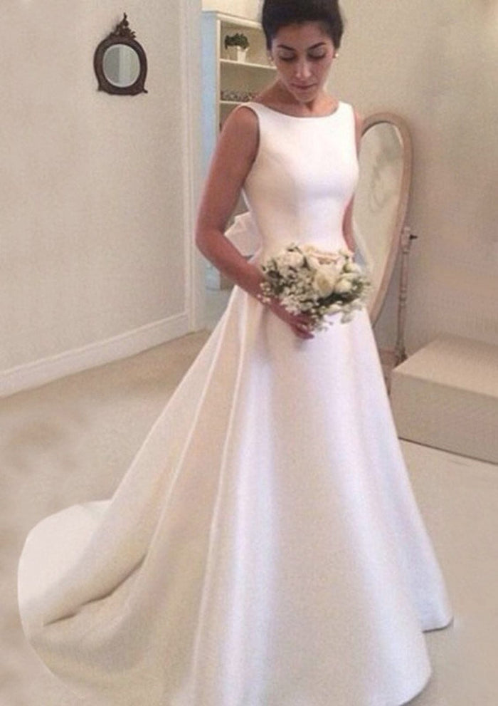 A-line Satin Court Train Sleeveless Bateau V Back Bridal