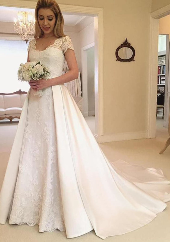 A-line Short Sleeve Overskirt Lace Satin Wedding Dress