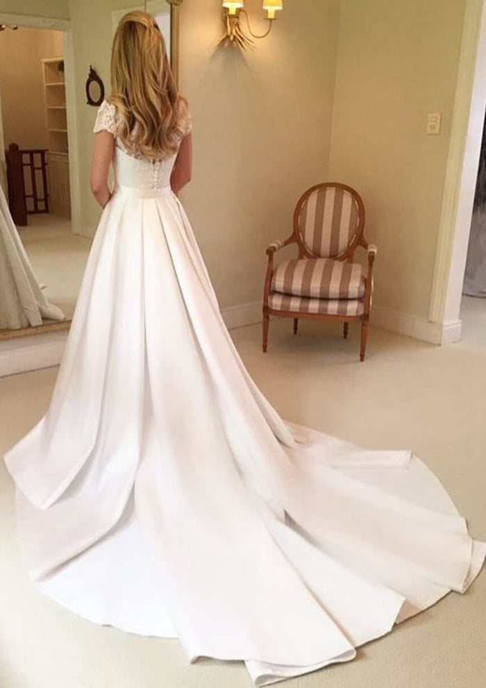 A-line Short Sleeve Overskirt Lace Satin Wedding Dress