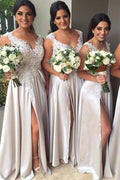 A-line Floor Length Sleeveless Side Slit Appliques
