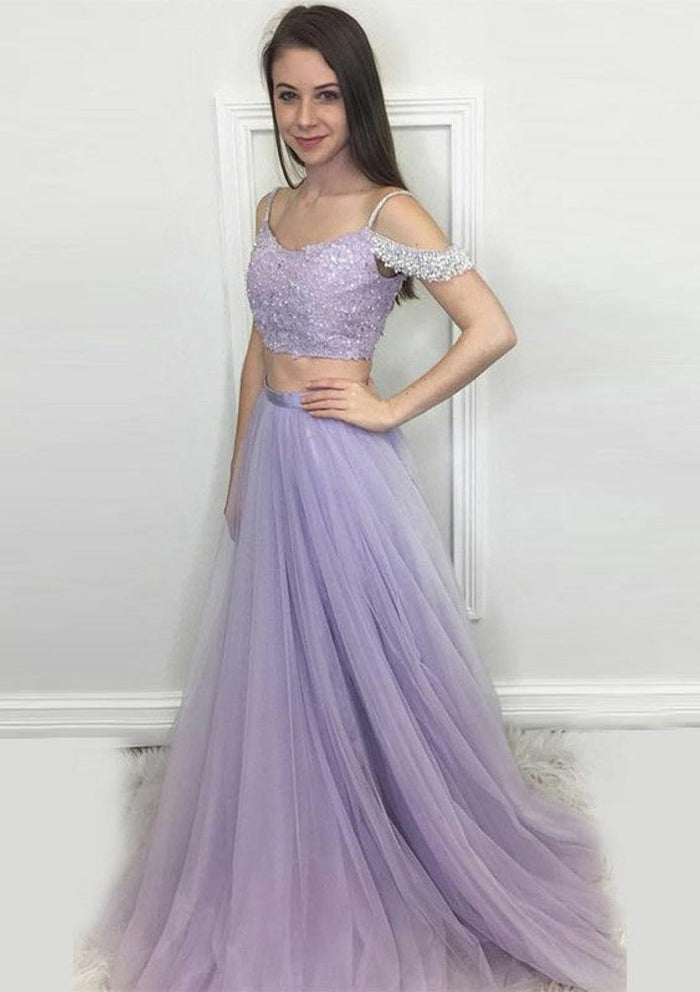 A-line Spaghetti Strap Off Shoulder Long Pleated Tulle Prom