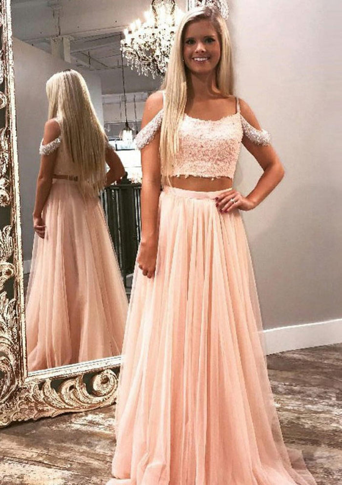 A-line Spaghetti Strap Off Shoulder Long Pleated Tulle Prom