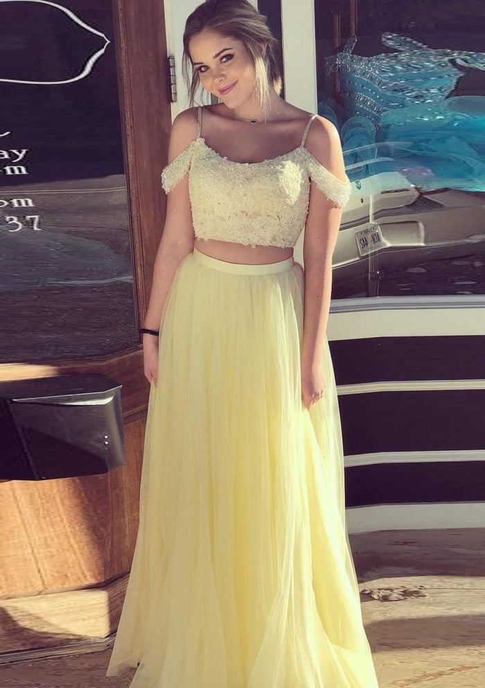 A-line Spaghetti Strap Off Shoulder Long Pleated Tulle Prom
