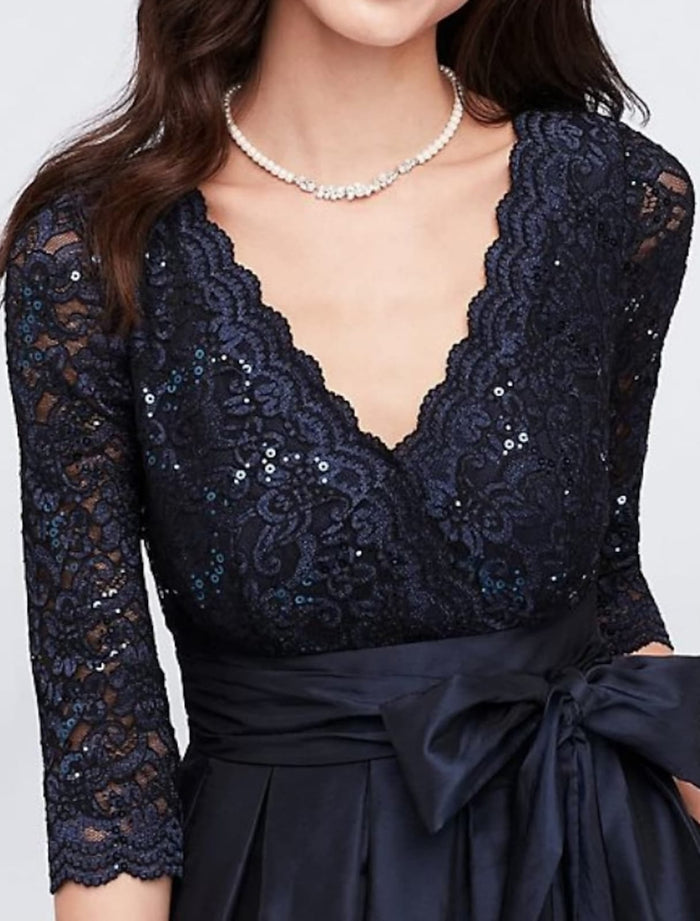 A-line V Neck Floor Length Lace Satin 3/4 Sleeve Navy Mother