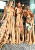 A-line V-Neck Sleeveless Waistband Sweep Train Split