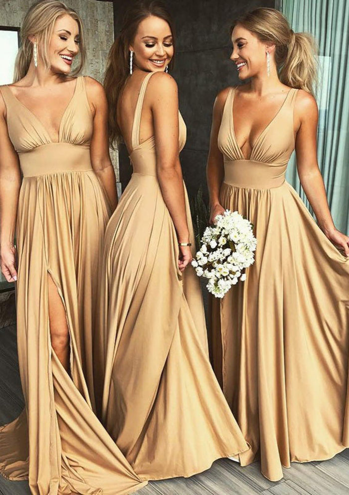 A-line V-Neck Sleeveless Waistband Sweep Train Split